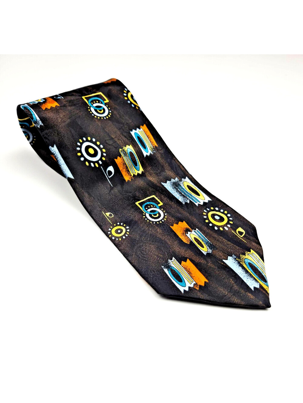 PFAU Men's Silk Tie Brown Abstract Geometric Blue Yellow Orange 4 Inch Vintage